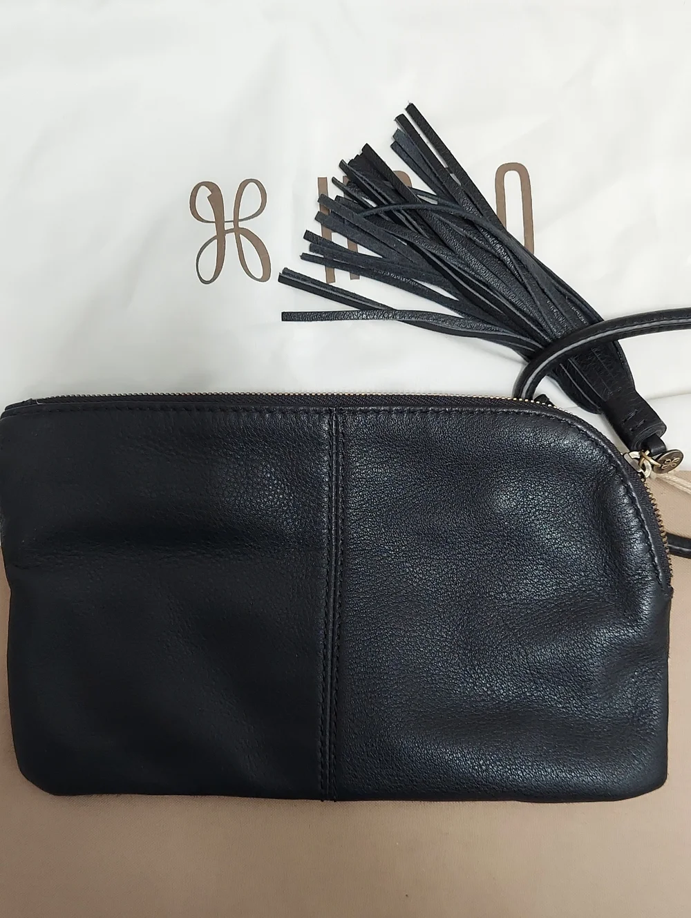 HOBO Wristlet Bag, New! Pony Hair Cowhide Leather, Tassel, Black Brown